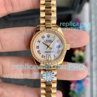 Swiss Clone Rolex Datejust Ladies Watch 28mm - All Gold White Dial